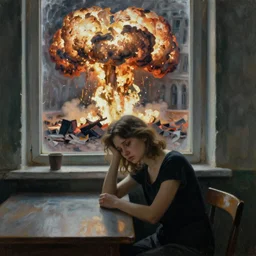 a beautiful sad girl is sitting at the table, huge nuclear explosion is in the window, painting in style of Valentin Serov,