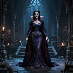 photo taken of an epic intricate, ultra detailed, super realistic stop motion puppet of a majestic gracious regal aristocratic brunette female vampire and an indoor gothic filmset created by weta workshop and tim burton, menacing, wide angle, full body shots, photorealistic, sharp focus, gloomy, extremely cold blueish colour temperature, 3 5 mm, f 1. 4, golden ratio