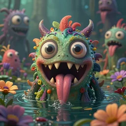 intricate colourful murky with strange cute friendly horror crazy monsters with huge beauty eyes long tongue triangle teeth and scary face appearing from the flowers in water, in the style of craola, shallow depth of field, highly detailed, digital painting, trending artstation, concept art, illustration, cinematic lighting, vibrant colors, photorealism, epic, octane render