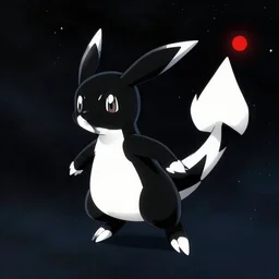a black and white pokemon in anima style cartoon floating in outer space with one red dot and a long tail detailed
