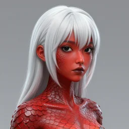full length complex 3 d hyper realistic smooth ultra sharp render of a gorgeous female | red scaly skin | short white hair!!! long bangs | solid black pupils!! | art by oh jinwook + 吵 集 仁 儿 on artstaion + takeshi obata + alphonse mucha + jim lee