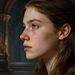 dungeons and dragons teenage witch character closeup side profile portrait, dramatic light, dungeon background, 2 0 0 mm focal length, painted by stanley lau, painted by greg rutkowski, painted by stanley artgerm, high detail, real life skin, freckles, 8 k, stunning detail, works by artgerm, greg rutkowski and alphonse mucha, unreal engine 5, 4 k uhd, digital art, trending on artstation