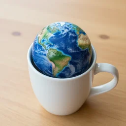 the planet earth inside a coffee mug on a wooden table