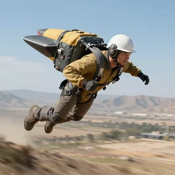 engineer hovering above the ground on a jetpack, terrain in the background, long shot, motion blur, sharp focus, illustration, highly detailed, photorealistic, artstation, octane render, unreal engine,