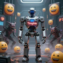 robot 9 0 0 0 gets a timeout by the militant mods on stable diffusion and is forced to not create for 2 4 hours because of mutated content in his iphone 1 1, robot 9 0 0 0 is strapped to a containment device made by syd mead moebius junji ito hr giger, hdr, 8 k, volumetric lighting, tiled signs everywhere, laughing emojis, demonic mod creatures laughing, mist, futuristic room background with glowing lights, photorealistic
