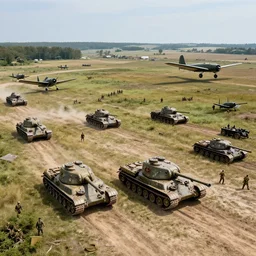 overhead photo of a ww 2 battlefield with tanks and military planes and soldiers, epic, beautiful, dramatic, colorful