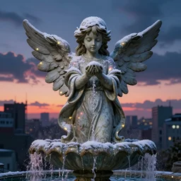 a stone statue of angel, statue is a fountain, water is dripping from angel's eyes, there is midnight sunset, rim lights and caustics, super realistic render vray, clouds and corrupted city behind, blizzard sharp dynamic lights, anime style, studio ghiblli
