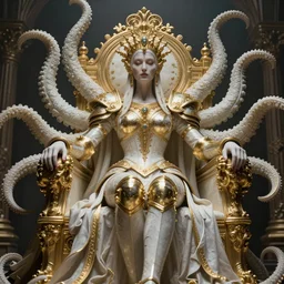 a photo of 8k ultra realistic corrupted lovecraftian golden queen on her oversized throne, 8 intricate white and gold tentacles, in ornate white and gold armour, cinematic lighting, trending on artstation, 4k, hyperrealistic, focused, high details, unreal engine 5, cinematic, masterpiece