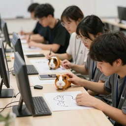 class of guinea pigs learning how to use tiny computers, drawing, sketch, trending on artstation,