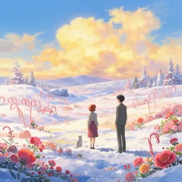 an epic makoto shinkai and renoir landscape with a snowy fantasy landscape, candycanes, candy land, golden hour, 🌺, ultra smooth, lois van baarle, ilya kuvshinov, unreal engine, blender, trending on artstation, suntur, caleb worcester, highly detailed, photorealism, bloom effect 8 k