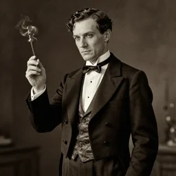 ultra realistic sepia portrait of a 1 9 2 0 s era male magician, wry smile, tall, thin, well dressed, slicked - back hair, long - tailed tuxedo coat, black bow tie, flourish, atmospheric lighting, dark, atmospheric, brooding, painted, intricate, ultra detailed by dave dorman, well composed, best on artstation, cgsociety, epic, stunning, gorgeous, intricate detail, wow, masterpiece