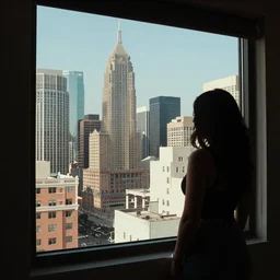 View from window on megapolis, silhouette of women who watches to the window, style of sin city