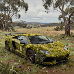 hyper realistic painting of an abandoned Supercar covered with moss, an Australian summer landscape, by Zdzislaw Beksinski