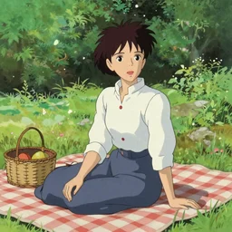 portrait of a woman having a picnic in a lush park by ilya kuvshinov, highly detailed, cel shading, digital painting, anime key visual, artwork by hayao miyazaki and alphonse mucha