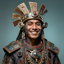 portrait of an aztec cyberpunk merchant, smiling, fabric and wires, art by greg rutkowski