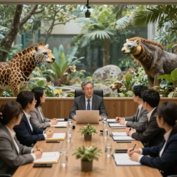 photo of a zoo animals attending a management board meeting. Highly detailed 8k. Intricate. Sony a7r iv 55mm. Stock photo.