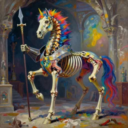 vibrant painting by Kandinsky of a colorful vibrant RGB spiked horse skeleton with armored joints stands in a large cavernous throne room with halberd in hand, Massive shoulderplates. Extremely high detail, realistic, fantasy art, solo, masterpiece, bones, ripped flesh, by Zdzisław Beksiński, Arthur Rackham, Dariusz Zawadzki, Harry Clarke