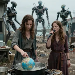she makes the deep boil. dark fantasy story about two casually - dressed women in a dirty seaside town, a globster, and a beautiful song. color cinematic still from an action - packed 2 0 1 1 assaulting!! hybridizing alien - robot invasion science - fiction blockbuster movie ; highly - detailed.