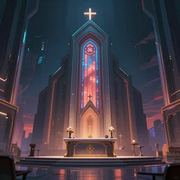 A cyberpunk church altar, by Naomi Okubo, landscape, dramatic lighting, high contrast colors, panoramic view, as trending on Artstation,