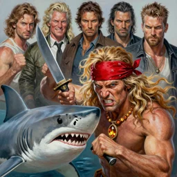 a mixed media portrait painting of an angry man who fights sharks with a knife, ultra realistic, highly detailed, long wavy blonde hair, red bandana, topaz necklace, by frank frazetta, greg rutkowski, christian macnevin, wlop, krenz cushart, epic fantasy character art, volumetric lighting, cgsociety, exquisite detail, masterpiece, cinematic