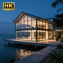 photo of a gorgeous glass house by the sea at night, realistic, sharp focus, 8 k high definition, insanely detailed, intricate, elegant