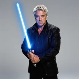 Guy Fieri in Star Wars, Jedi Knight, blue light saber, movie still, cinematic, cinestill 400t film, 24mm lens