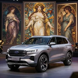 a concept suv designed by ram and ford, midsommar, artstation, an epic fantasy, cinematic lighting, hyper realistic, photographic, sharp focus, by greg rutkowski and alphonse mucha
