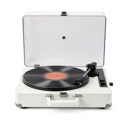 enamel vinyl record player, 8k product photo, isolated on a pure white background, centered, entire object in frame, sharp focus, soft studio lighting