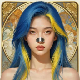 filipino girl blue - yellow hair, metal plate, nasal strip, nose cast, intricate, elegant, highly detailed, my rendition, digital painting, artstation, concept art, smooth, sharp focus, illustration, art by artgerm and greg rutkowski and alphonse mucha and uang guangjian and gil elvgren and sachin teng, symmetry!!