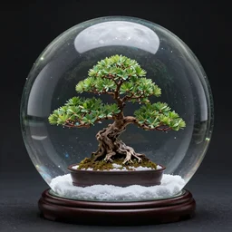 a bonsai inside a snow globe, 8k, artstation trend, hdr, super detailed, light reflections, studio photo, professional photo