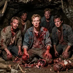 the cast of frasier covered in animal blood and guts trapped in a horror movie in a charnel house underground