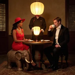 in a dimly lit room, lit by a chinese lantern, at a table with a leg in the form of an elephant sit a tanned, long - haired brunette in a pearl necklace and a red dress and red hat, who sits back, and a young short - haired brown - haired man in a tailcoat and white shirt, who drinks coffee, stands behind chinese servant
