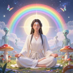 woman meditating in a robe, enchanted alien world, mushrooms on the ground, aliens, galaxy in the sky, butterflies, occult, illuminati, third eye, rainbows, bright colors, vector art, dripping, high contrast, fantasy poster by helen huang and frank frazetta and salvador dali and norman rockwell, anime style, 4 k