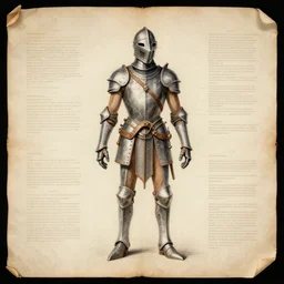 on parchment vintage detailed colored sketch of full body dragoon anatomy, full description full page