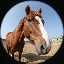 a fisheye lens photo of a horse in a Walmart