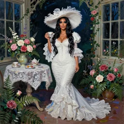 happy very thick paint brush strokes paint texture full body fashion model kim kardashian by Jeremy Lipking by Hasui Kawase by Richard Schmid (((smokey eyes makeup eye shadow fantasy, glow, shimmer as victorian woman in a long white frilly lace dress and a large white hat having tea in a sunroom filled with flowers, roses and lush fern flowers ,intricate, night, highly detailed, dramatic lighting))) , high quality