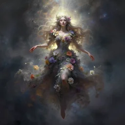 A photorealistic rendering, full face and body portrait, long shot, pose, of a gothic goddess, swarming in  flowers, magical. floating in a misty daze of the cosmos, flash bang, digital art by Pete Mohrbacher and Greg Rutkowski, Deviantart, Hemera, painting, photoshop, digitalart, digitalpainting, fantasy, goddess, light, photoshop, photoshoppainting
