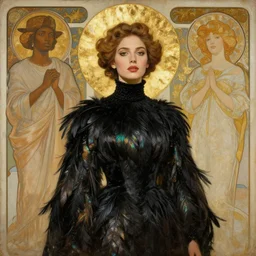 portrait painting of a stunning proud empress, artstation, mymodernmet, masoona of rupee rags, by amir ershadi, by ben enwonwu, by alphonse mucha, by soey milk, gold foil aureola, black dress of iridescent feathers, high neck collar, divine, saint, mixed media
