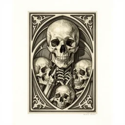 by amano, detailed realistic etching, memento mori, gothic, skulls, bones, art nouveau, neogothic, hand tinted photo
