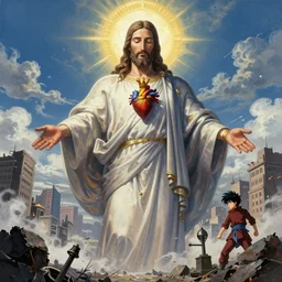 Giant titan Jesus christ holding the sacred heart while destroying the city,   matte fantasy painting, DeviantArt Artstation, by  Jen Zee and Tatsuya Yoshikawa  by Utsurowazaru Mono  by Tatsuya Yoshikawa  by Hajime Isayama, cinematic lighting
