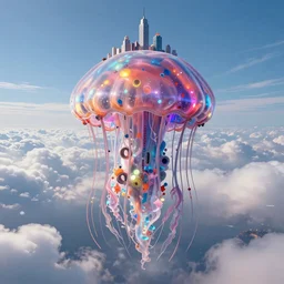 A city on the top of the colossal jellyfish floating on the clouds, anchient, dystopian, 8k, Vibrant colors, symmetrical, very coherent, Hyperdetail