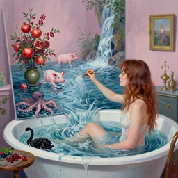 female emo art student in her bath, painting of flood waters inside an artist's feminine bedroom, a river flooding indoors, pomegranates, pigs, ikebana, water, octopus, river, rapids, waterfall, black swans, canoe, berries, acrylic on canvas, surrealist, by magritte and monet