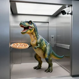 a dinosaur with a pizza in an elevator, security camera photo