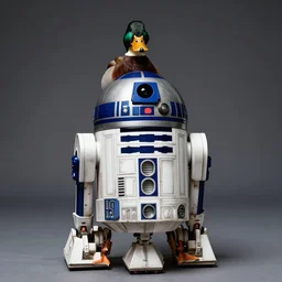 A closeup of an adorable mallard duck standing on R2-D2, studio lighting, photography by Annie Leibovitz