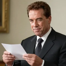 arnold schwarzenegger squinting his eyes holding a small piece of paper