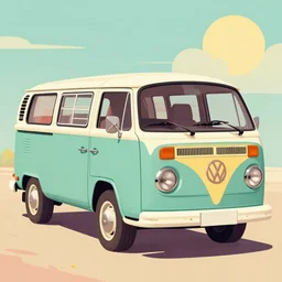 retro painting illustration of a volswagen van, 2 d, pastel color, green, yellow, red, retro style art, trendy on artstation