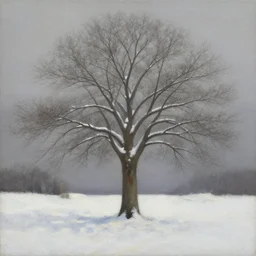 fine art painting of a tree and snow