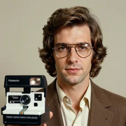 A photograph portrait of Jerma985 with medium length wavy hair, a combover, navigator glasses, and wearing late 1970s popped collared menswear in the late 1970s, taken in the late 1970s, grainy, taken on a 1970s Polaroid Camera, realistic, hyperrealistic, very realistic, highly detailed, very detailed, extremely detailed, detailed, digital art, trending on artstation, colorized photo, colored photo, detailed face, very detailed face