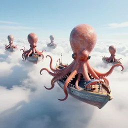 a fleet of octopus shaped ships flying through clouds, realistic, rendered in unreal engine