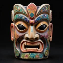 symmetrical tiki mask with eyes and mouth, shaman, colorful, psychedelic trip, patterns, fine mandelbrot fractal lace, 1 5 0 mm, soft rim light, elegant, hyper real, depth of field, ultra detailed, octane render, hg giger, 1 6 k, black background